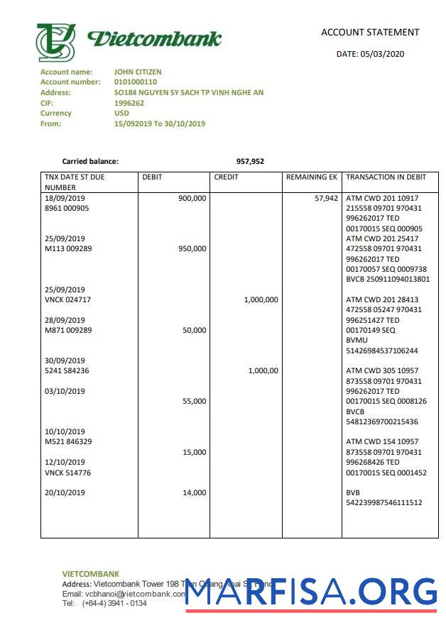 Blank Vietnam Vietcombank statement word template